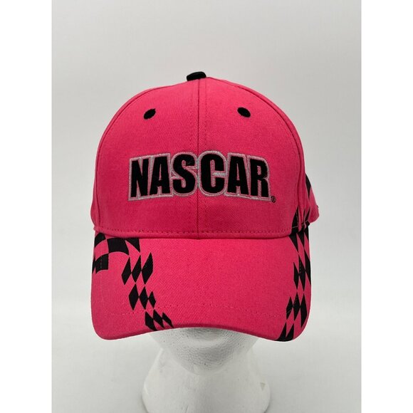 NASCAR Pink Cotton Cap Hat With Black Checkered Flag Design & Adjustable Strap - Picture 1 of 13